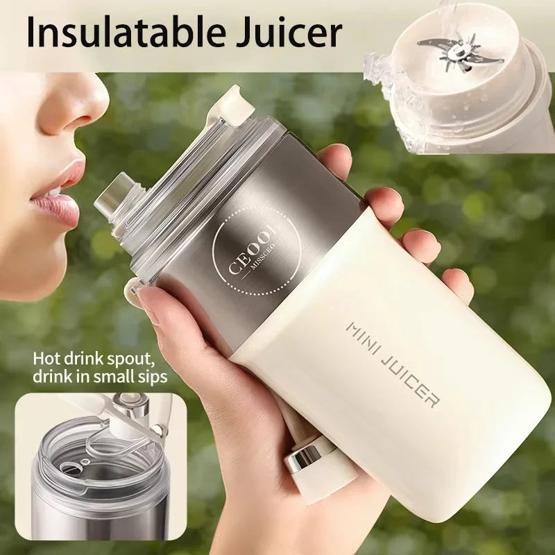 Insulated Juicer Double Layer Vacuum 304 Stainless Steel Juicers 350ml USB Charge Portable 26 Blades Strong Power Freesh Juicer