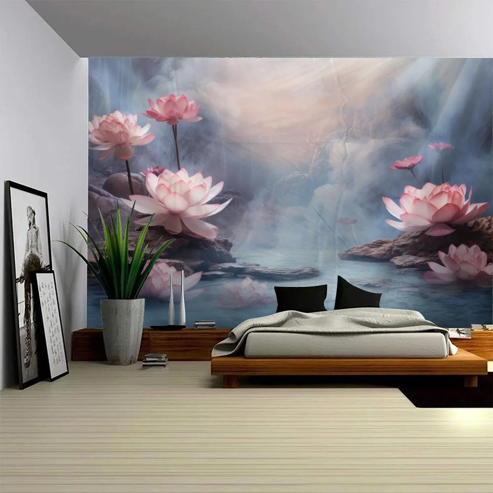 Dreamy Lotus Tapestry Flower Rainforest Lake Design Aesthetics Healing Bedroom Living Room Decoration Wall Hanging Cloth