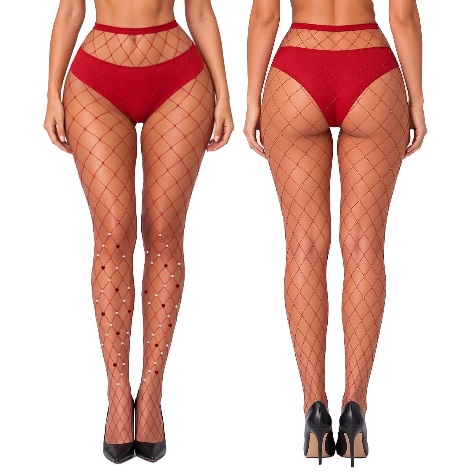 Style Sexy Red Women Fishnet Stockings For Women Featuring Large Mesh Design Jumpsuit Sheer Pantyhose Heart Shaped