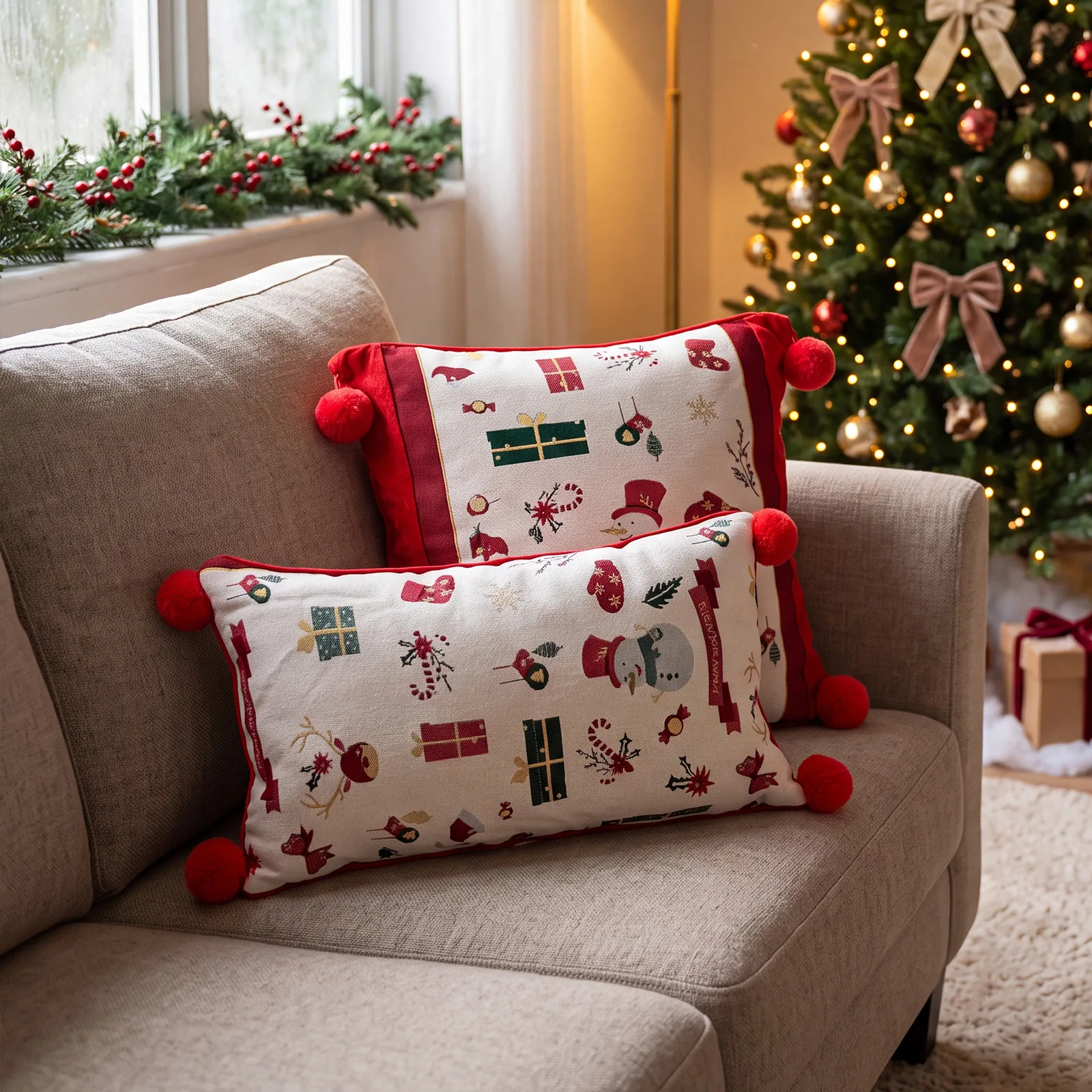 Weihnachtsroter Jacquard-Kissenbezug mit Cartoon-Elch- und Schneeflocken-Motiv, Plüsch-Sofadekoration, Kissenbezüge 45x45cm – Detail 9