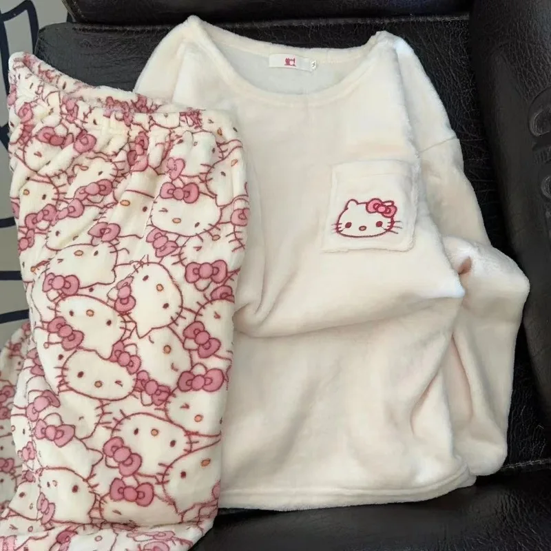 

Kawaii Sanrio Hello Kitty Pajamas Cartoon Soft Stuff Female Flannel Winter The New Plus Velvet Thicken Sweet Keep Warm Tracksuit