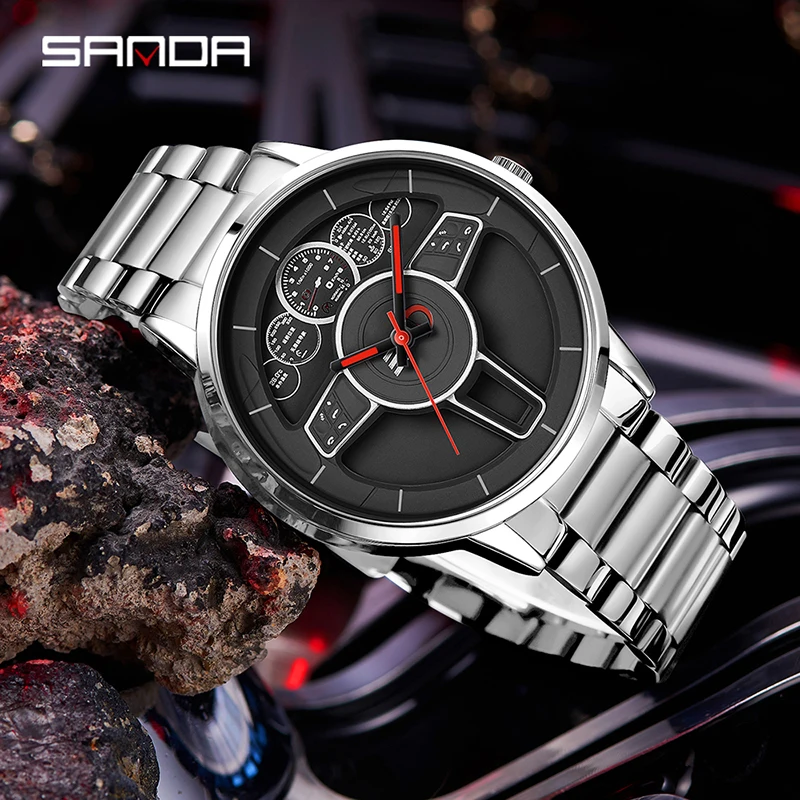 SANDA 1139 Men's Quartz Watches Steer Wheel Design Leisure Creative Unique Wristwatches Business Stainless Steel Strap Men Watch