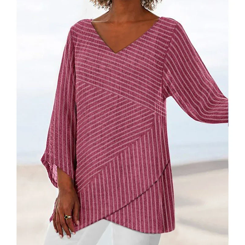 Elegant Stripe Print Deep V Neck Pullover Shirt Irregular Crossover Splicing Blouse Female Simple Style Cotton Linen Casual Tops