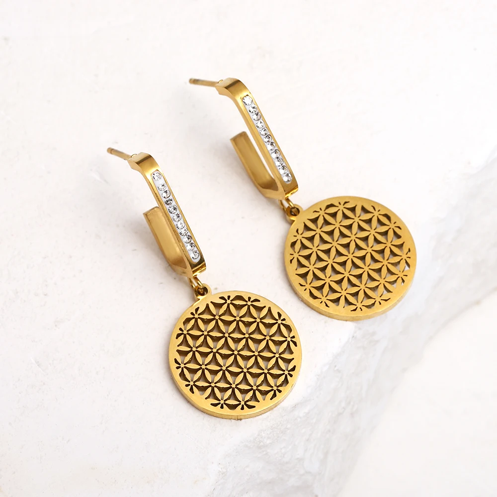 Flower of Life Stainless Steel Earrings for Women Golden Inlaid Rhinestones Big Round Dangler Waterproof Jewelry