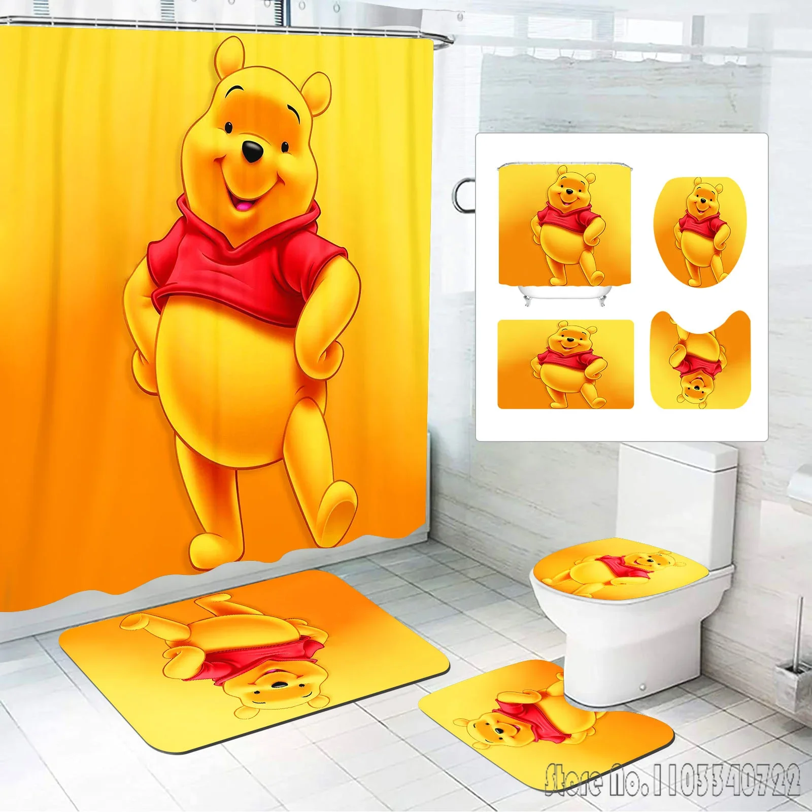 Disney Winnie Bear the Pooh Boys Cartoon Bath Shower Curtain Set 4pcs with Hooks Waterproof Bathroom Toilet Mat Lid Decor