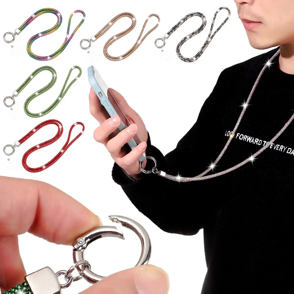 حبل هاتف من حجر الراين اللامع ، سلسلة كريستال ماسية ، سلسلة مفاتيح بأشرطة ، حبل معلق مضاد للضياع