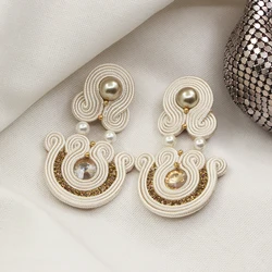 Ethnic Handmade Earrings Soutache Jewelry Pendant Earring for women Light Brown Pearl Earring Trendy Fashion Accessories Gift
