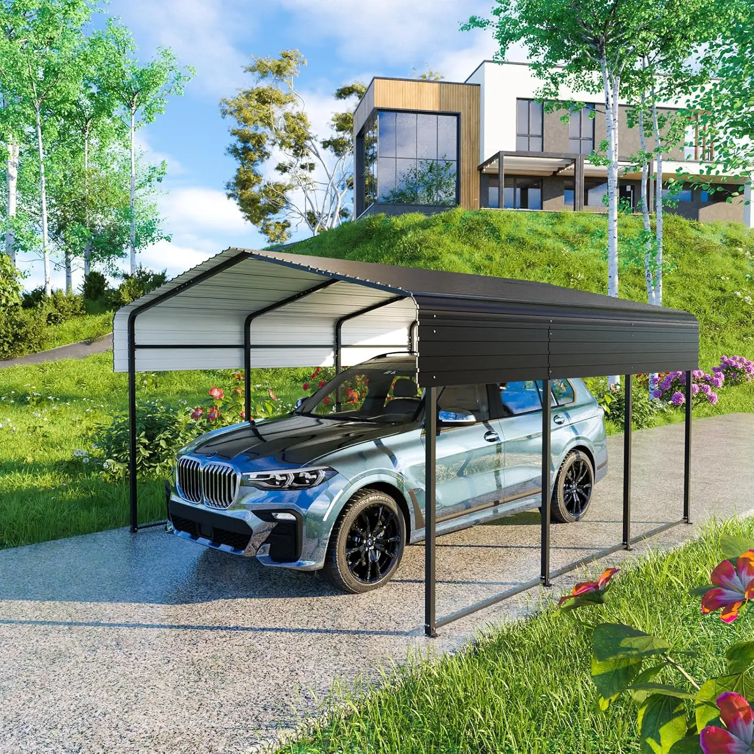 10 * 15 FT Heavy Duty Carport Canopy with Galvanized Steel Roof Multi-Use Shelter Outdoor Portable Garage for Car, Boat, Pickup