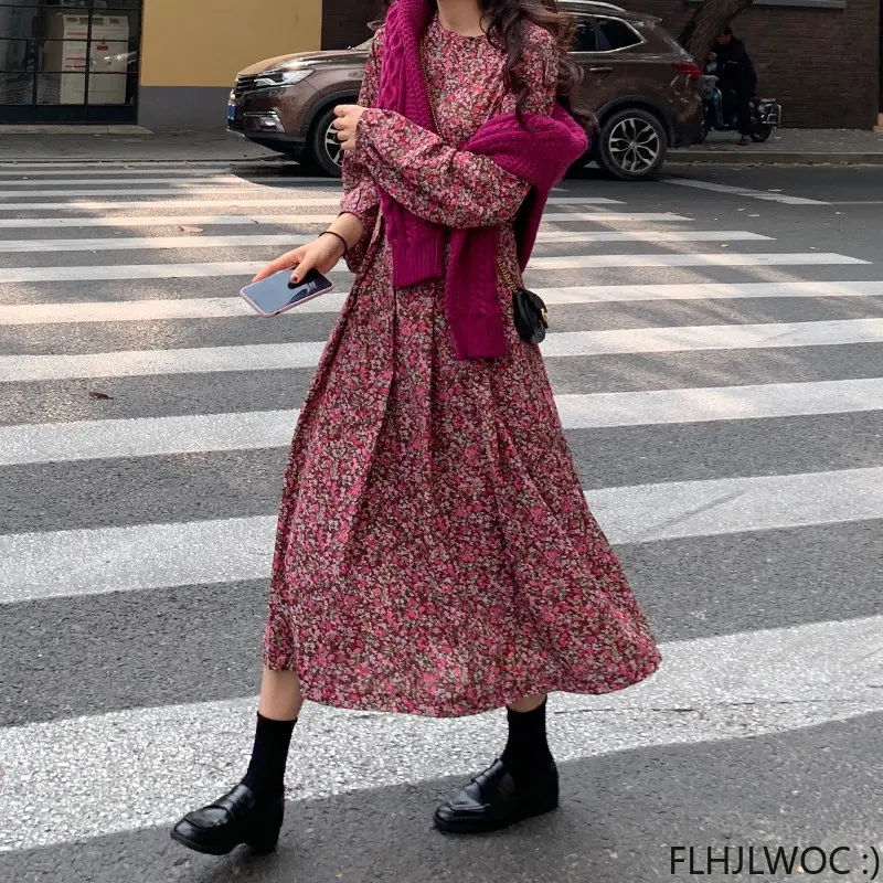 Chic Korean Fashion 2023 Women Temperament Cute Drawstring Retro Vintage Long Chiffon Floral Print Shirt Dress Fenimine Vestidos