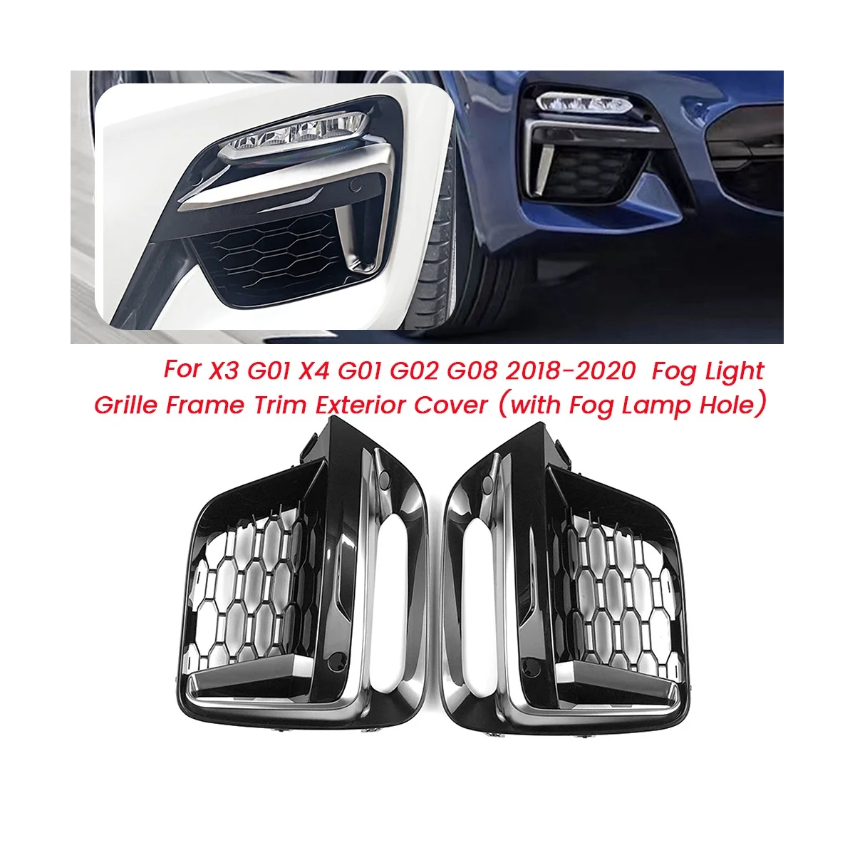 

1Pair Front Bumper Fog Light Grille Frame Trim for BMW X3 G01 X4 G01 G02 G08 18-2020 Exterior Cover (with Fog Lamp