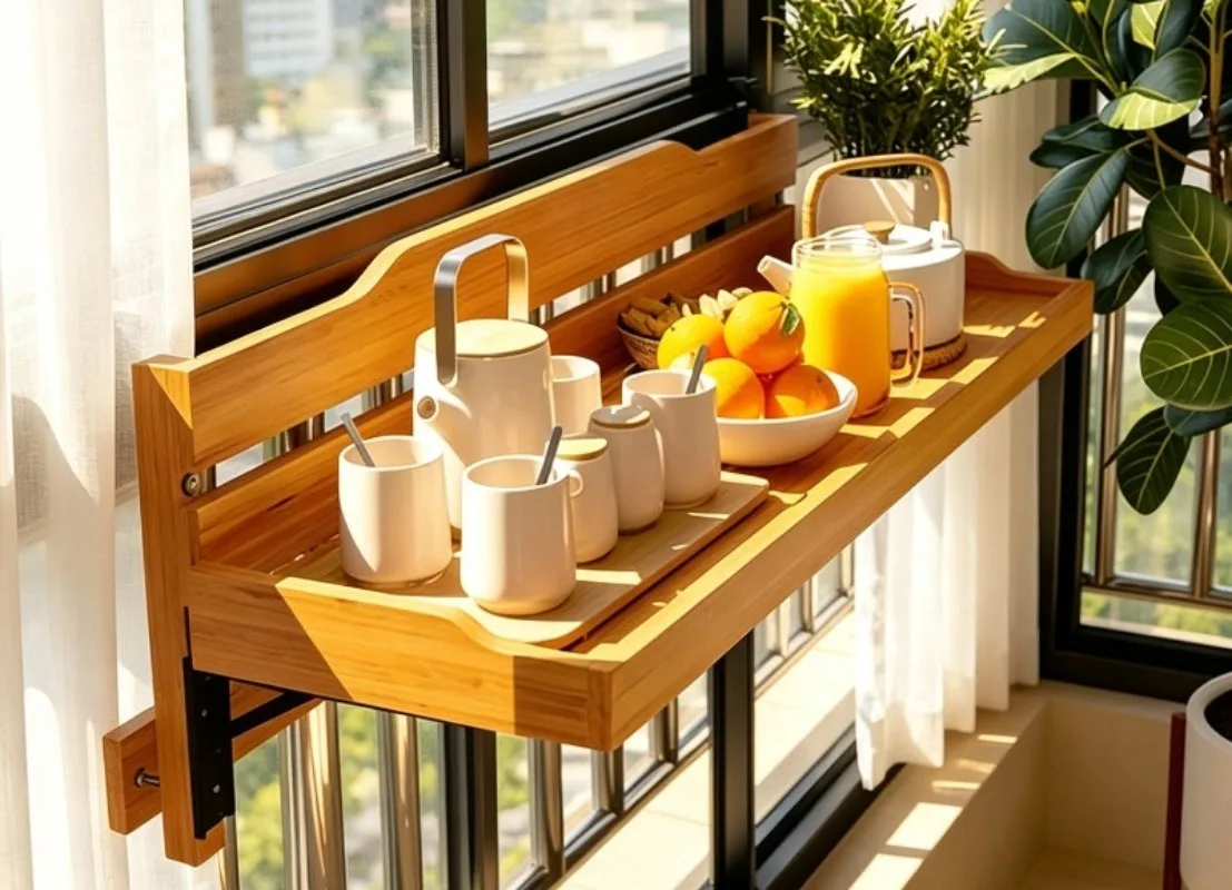 Balcony railing hanging table creative leisure small bar table solid wood baffle frame foldable home guardrail hanging bar table