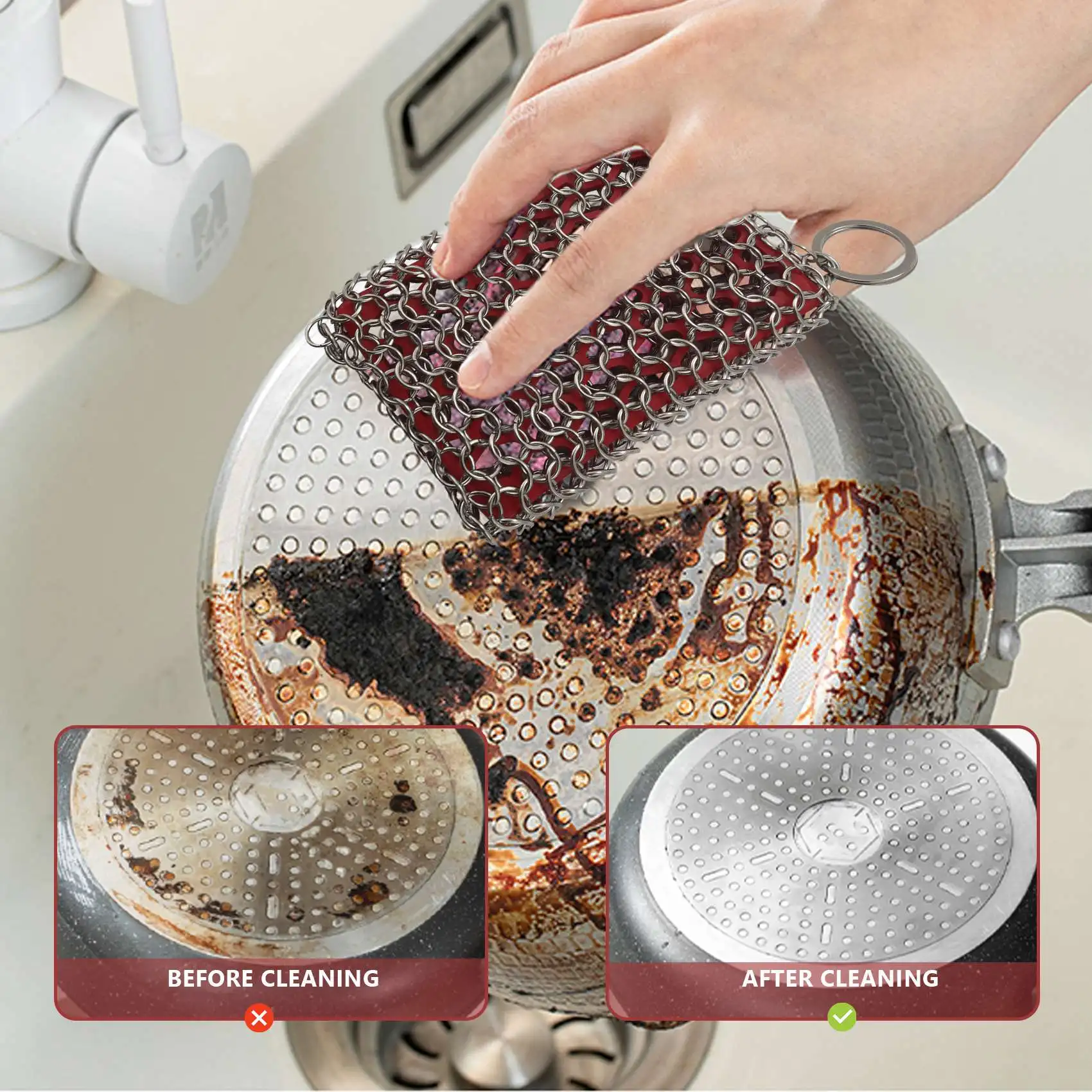 Cast Iron Skillet Cleaner,316 Stainless Steel Chainmail Cleaning Scrubber Silicone Scrubber,for Kitchen Cookware (Red)
