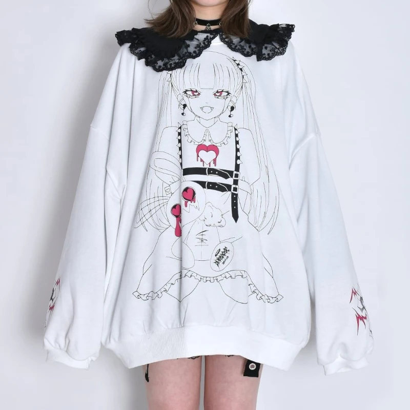 

Y2k Эстетическая готическая футболка с мультяшным принтом в стиле аниме, женские толстовки с длинными рукавами в стиле панк, хип-хоп, Harajuku, повседневные футболки с заниженными плечами