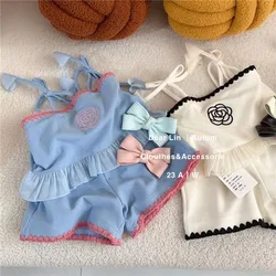 Korea Kids Clothes Girls Cute Embroidered Flower Fashion Summer Suit Baby Girls Princess Sling + Shorts 2-piece Outfit Set