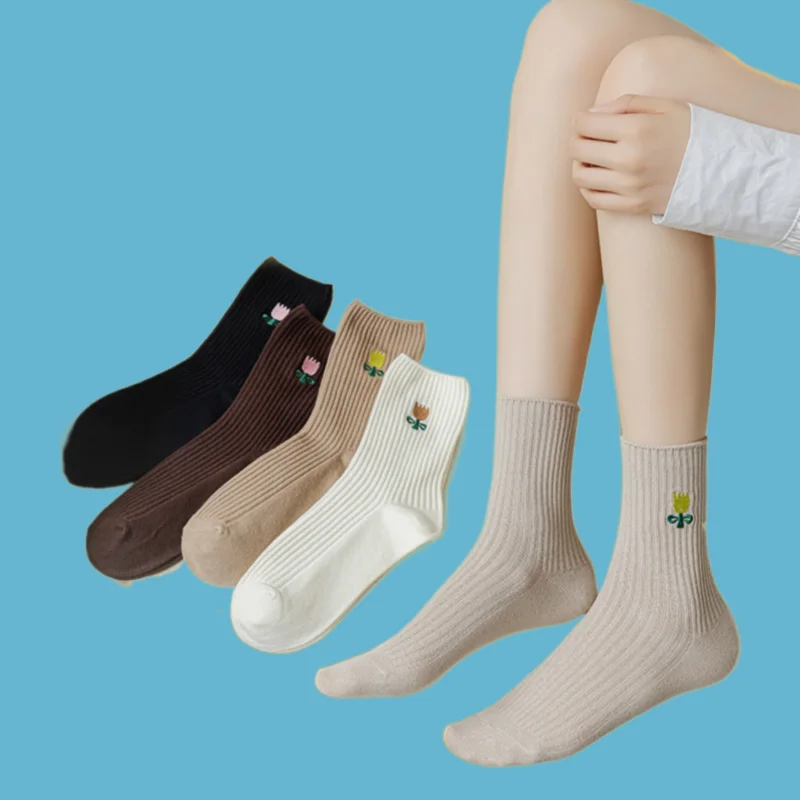 6/12 Pairs 2024 New Double Needle Mid-tube Women's Socks Solid Color Cotton Socks Embroidered Trendy Socks Brown Women's Socks