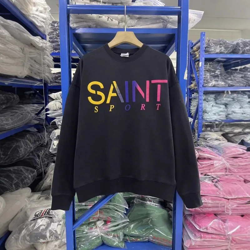 

Мужская толстовка с капюшоном SAINT Mxxxxxx 25SS Sport Crew из хлопка, с винтажным логотипом-радугой, круглым вырезом, повседневная, молодежная