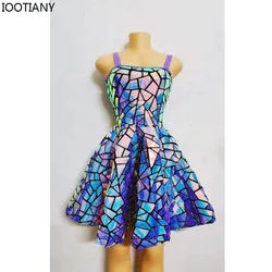 Purple Blue Mirror Shiny Suspender Dress Imitation Mirror Holographic Robot Festival Sequin Costume Dj Gogo Dancer Singer Outfit