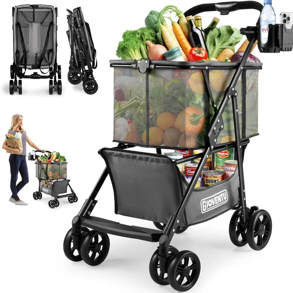 

Folding Shopping Cart with Wheels, 80lbs Multi Use Grocery Carts,Multifunctional Portable Personal Shopping Carts for Groceries