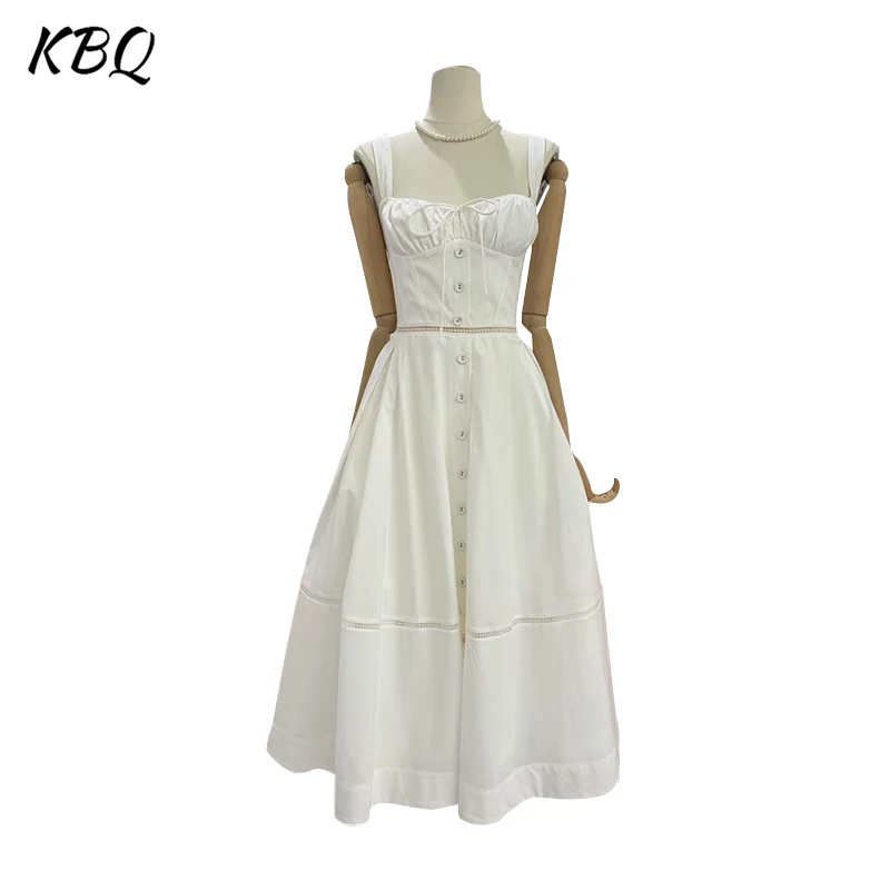 

KBQ Solid Spliced Button Tunic Backless Dresses for Women Square Collar Sleeveless High Waist Temperament Dress Female Fashion