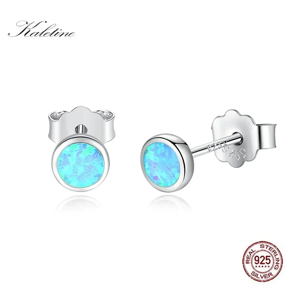 KALETINE Blue Opal 925 Sterling Silver Stud Earrings For Women Gift Back for Tiny Earrings Fashion Jewelry 4mm/5mm/6mm/7mm/8mm