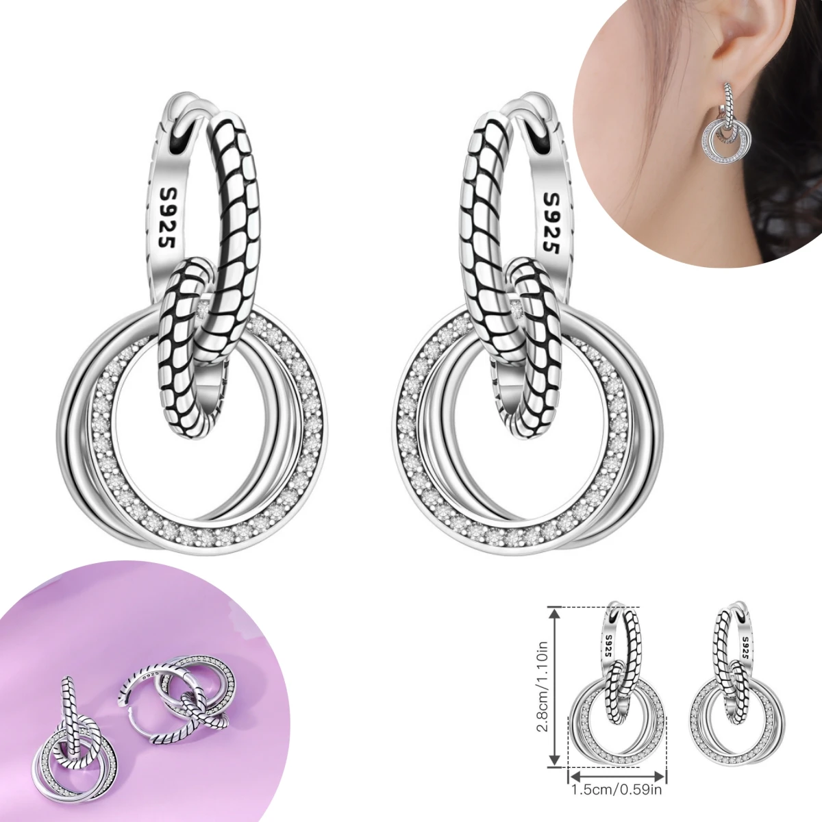 Hot Sale 925 Sterling Silver Classic Multi Ring Earrings Series Drop Earrings For Women Party Fine Gift Elegant Birthday Jewelry