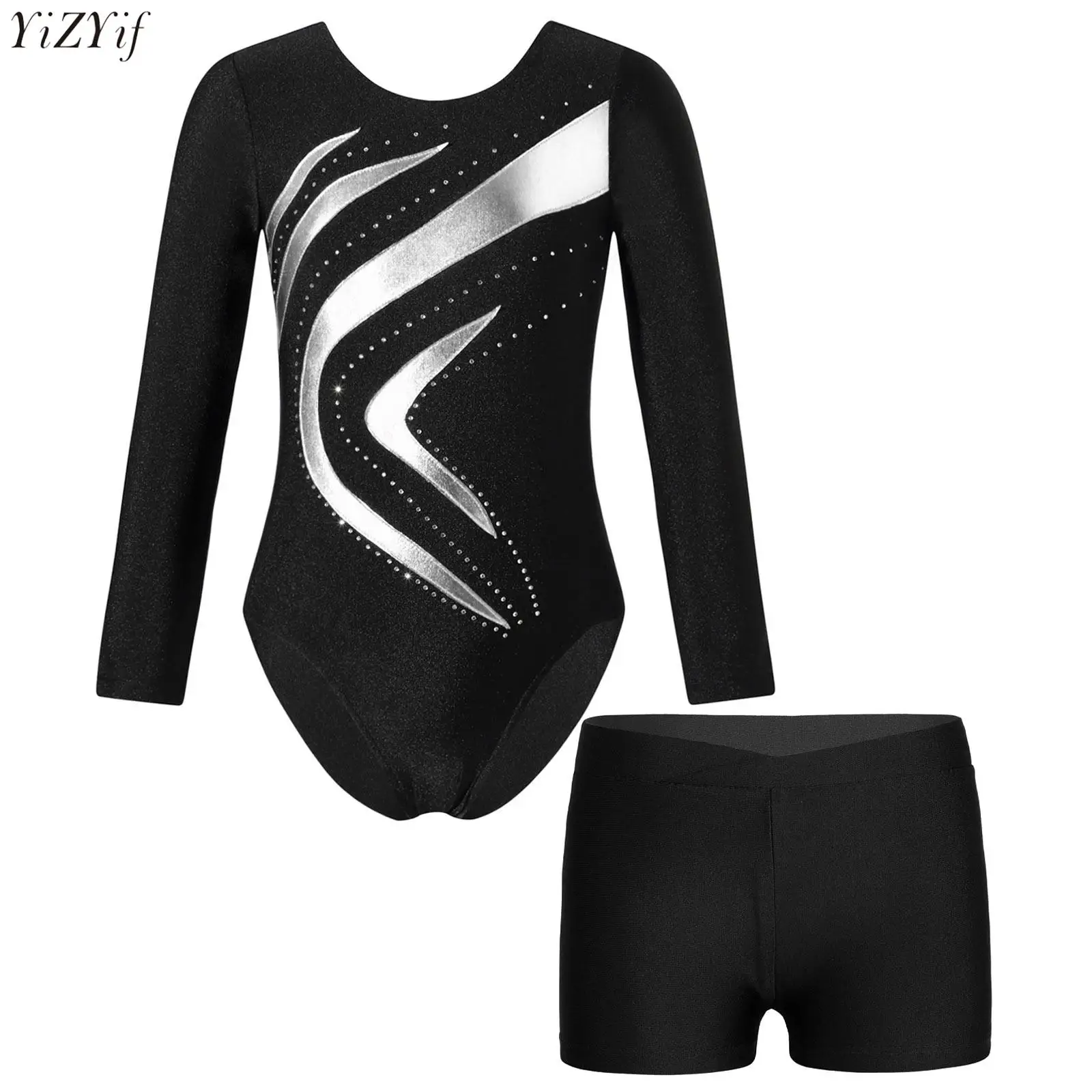

Kids Girls Gymnastics Ballet Dance Outfit Ice Skating Performance Long Sleeve Shiny Rhinestones Patchwork Leotard+Shorts 2Pcs