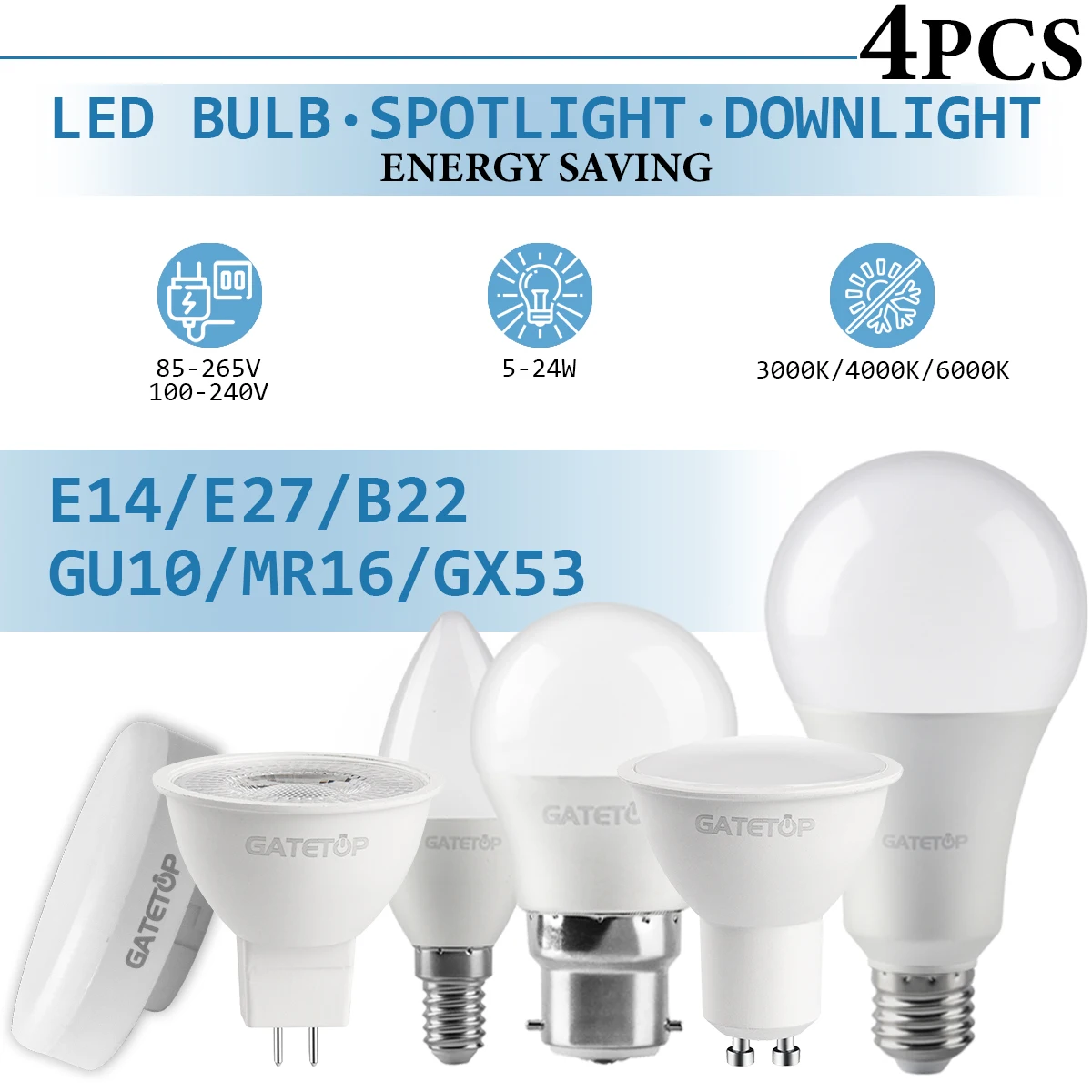 

4PCS GU10 MR16 Led Spotlight AC100-240V 85-265V Downlight Bulb E27 E14 Spot GU5.3 Lamp Lighting Indoor Home Decoration Bombillas