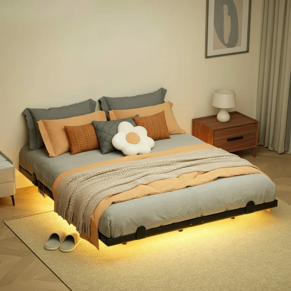 King Size Floating Bed Frame with Smart LED Lights, Charging Station, Easy Assembly, No Box Spring Needed