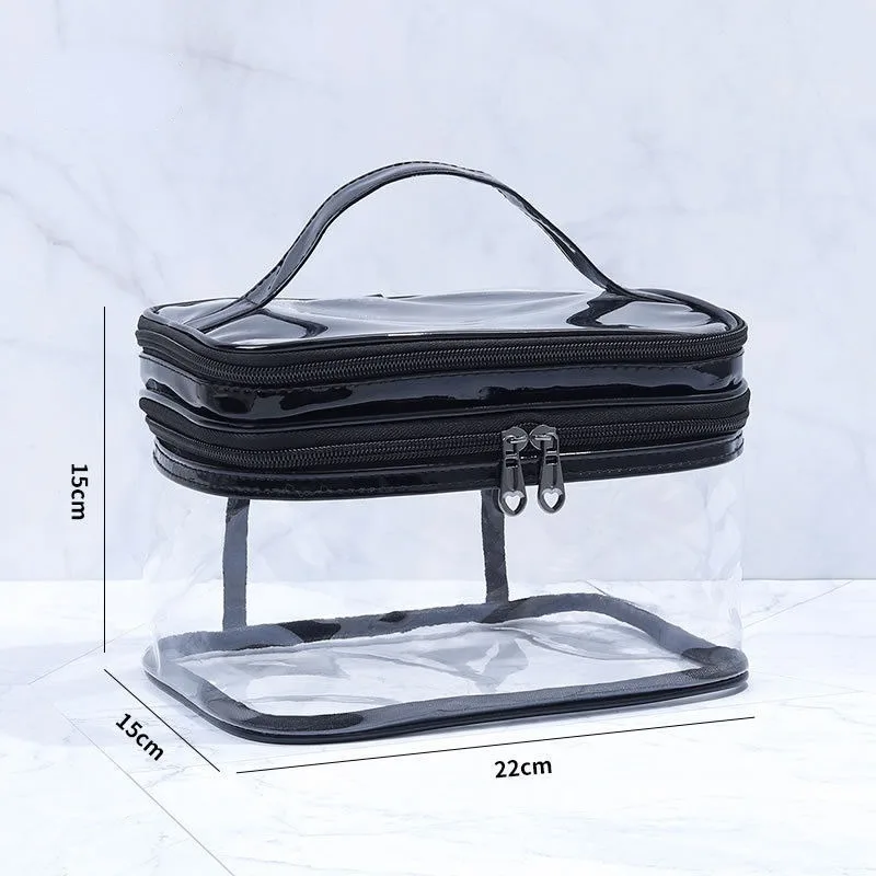 Double layer transparent makeup bag for women, PVC large capacity travel girl portable waterproof washing and care storage bag