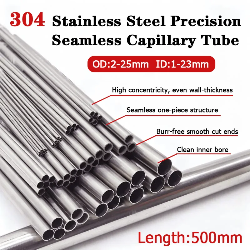 2pcs 304 Stainless Steel Seamless Round Tubing OD 2/3/4/5/6/7/8/9/10/11/12-25mm Length 500mm Seamless