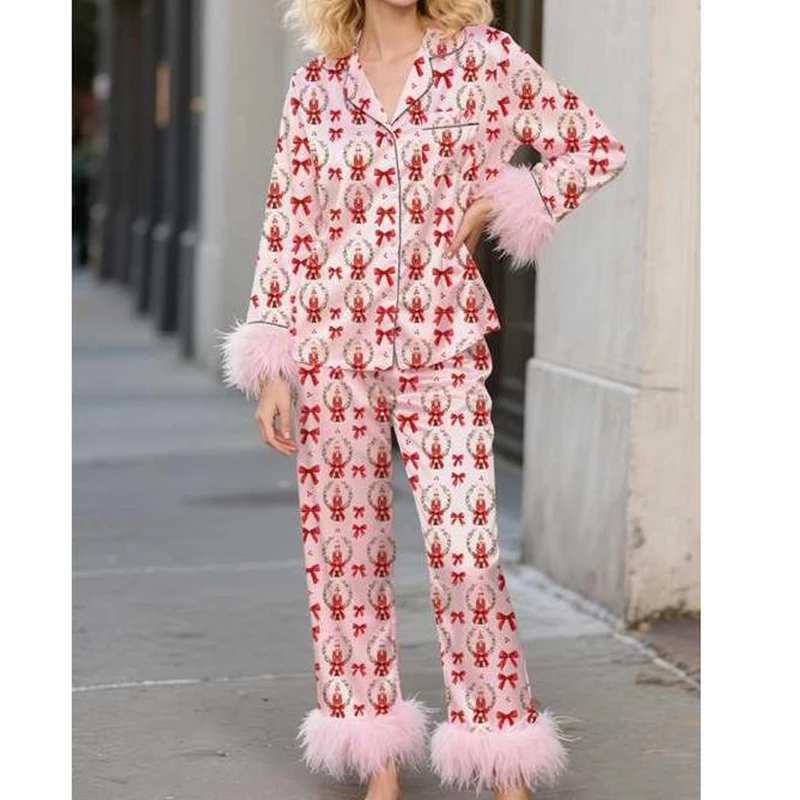Women's Christmas Pajama Set Pink Santa Print Fluffy Feathered Cuffs and Hems Two Piece Lounge Set Soft Holiday Sleepwear