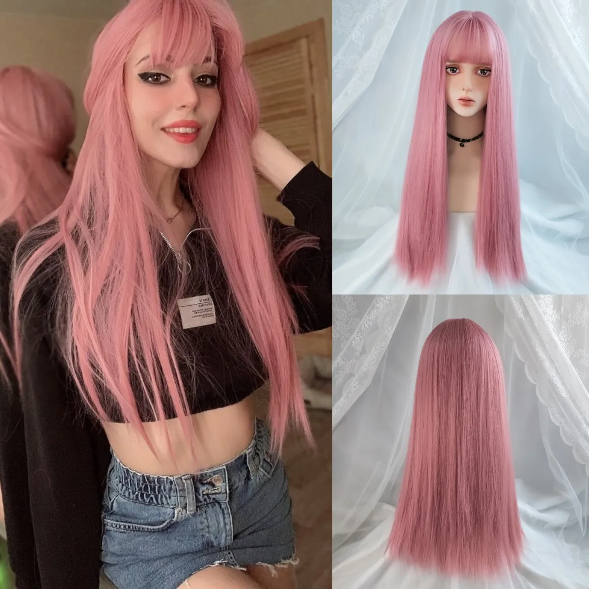 MSIWIGS Damskie syntetyczne peruki Cosplay Lolita z ciętymi grzywkami Niebieskie różowe blond czerwone długie proste włosy na imprezę Lady Girl