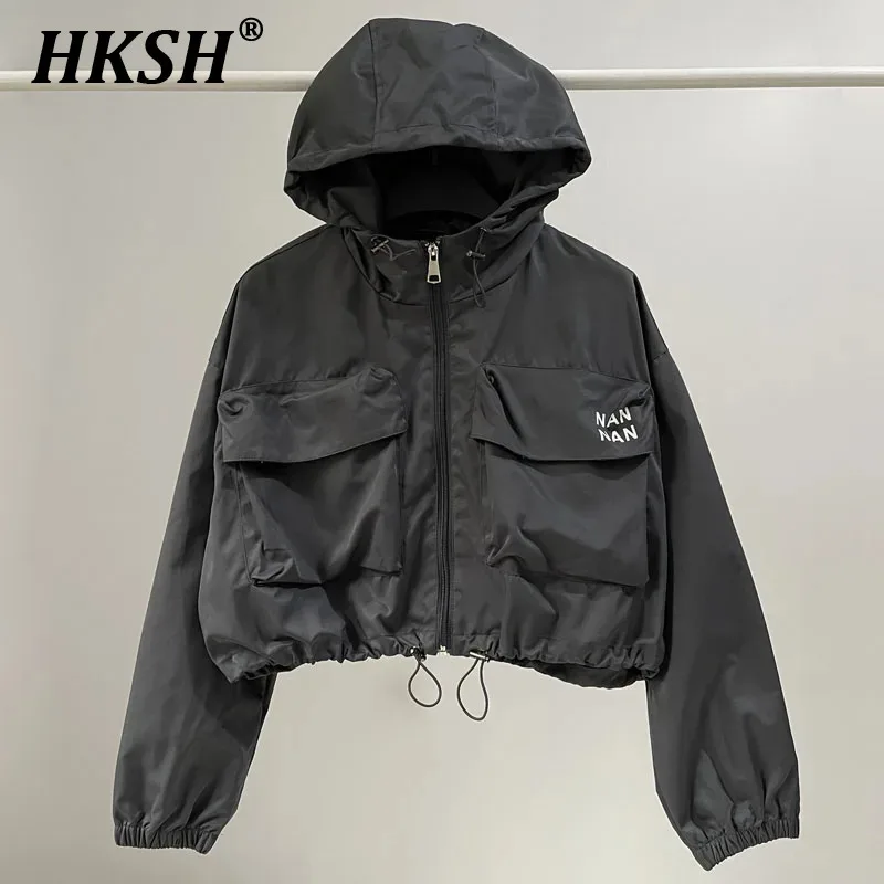 HKSH Autumn New Gorpcore Oversized Cargo Hooded Windbreaker Black Short Cropped Zipper Outdoor Jackets Outwear Chic Coat HK3037