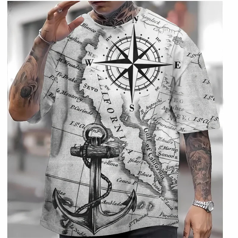 Vintage Compass Pattern T Shirt For Men Retro Map 3D Printed T-Shirts Summer Casual Oversized Short Sleeve Tees Round Neck Tops