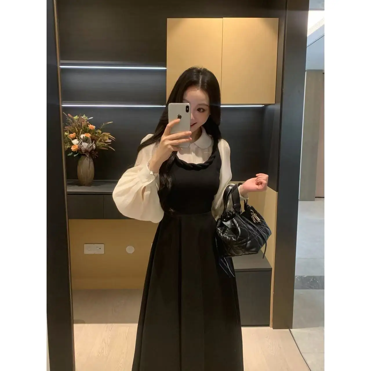 

Spring Silk Doll Collar Shirt And Dress Set Women's Fashion Slimming Ensemble Casual Style Polyester Polyester Fabric