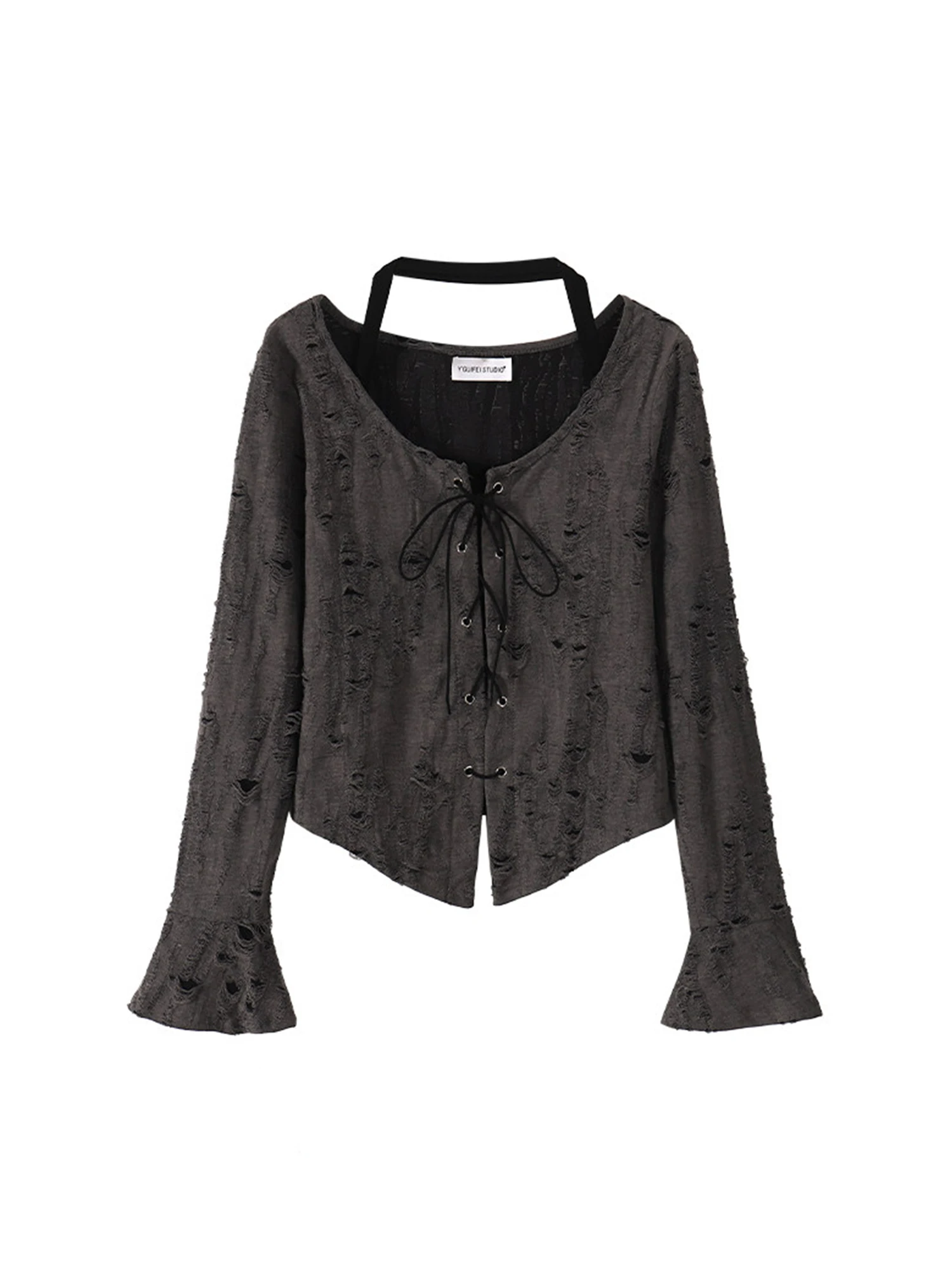 Women's Dark Grey Y2K Ripped T Shirt Fake Two-Piece Vintage Aesthetic Long Sleeve T-Shirt for Women Oversize Tee Top Summer 2026