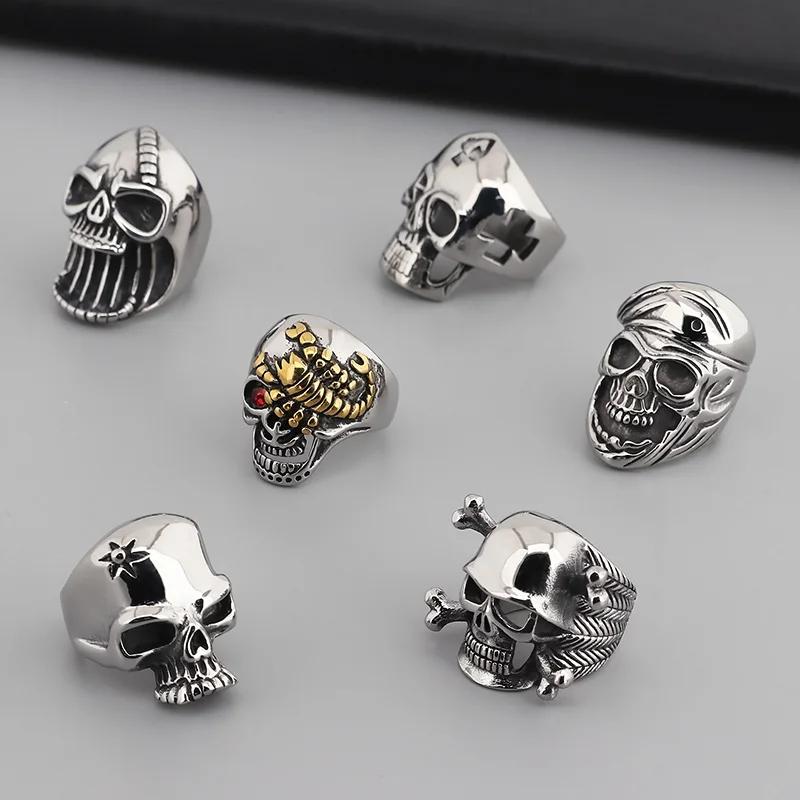 Fongten Gothic Skeleton Rings For Men Stainless Steel Cocktail Ring Male Gold Silver Color Skull Charm Hip Hop Jewelry Wholesale