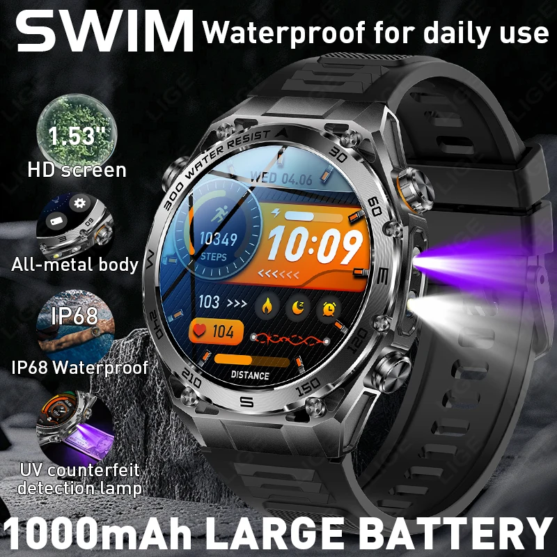 

Outdoor Sport Military Men Smart Watch 2026 New Flashlight IP68 Waterproof Bluetooth Call UV Light Fitness Tracking Smartwatch
