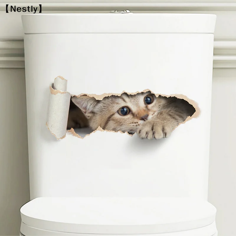 Tearable Peeping Kitten Toilet Sticker 3D Effect Bathroom Toilet Seat Waterproof Sticker Home Decoration Self-adhesive〔Nest〕