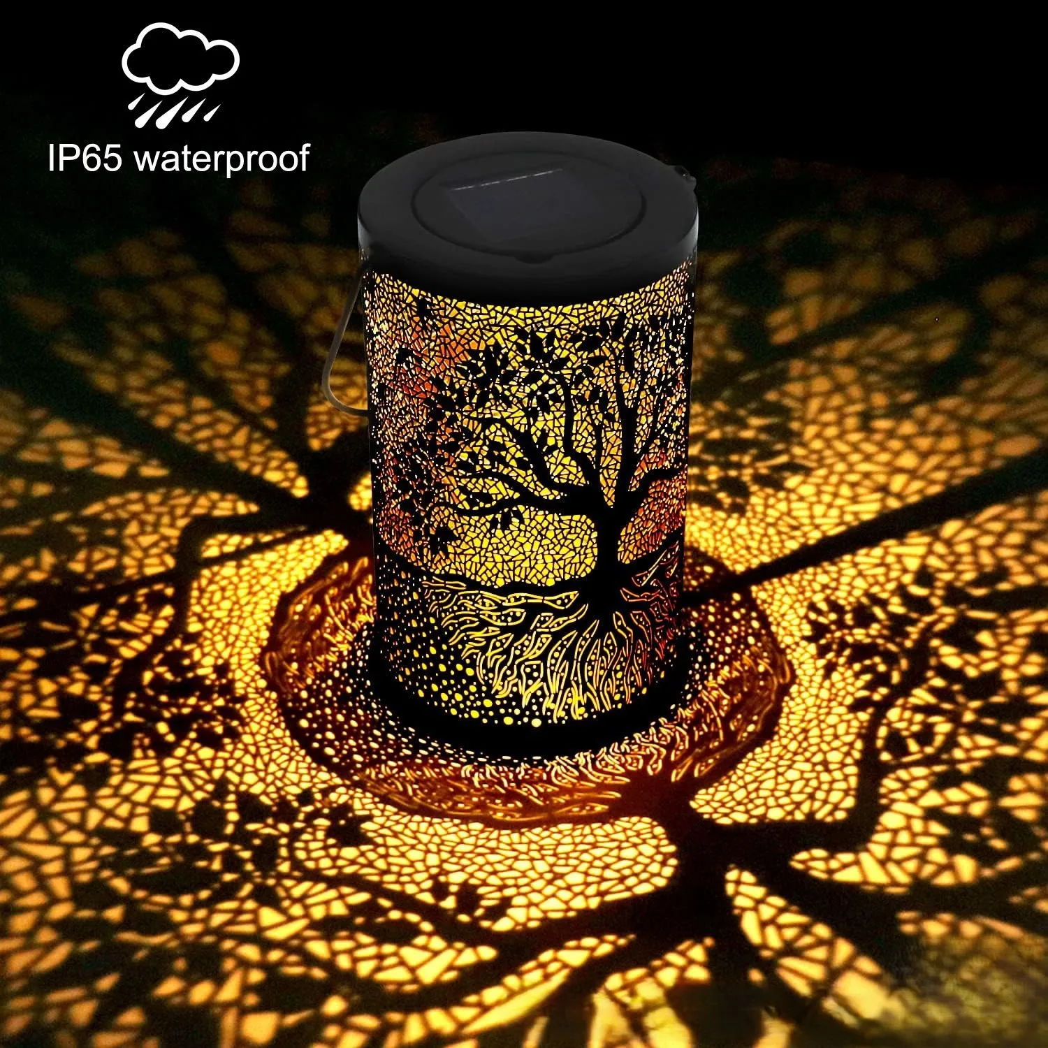 

Outdoor camping light, solar powered light, iron hollow lantern, lawn garden landscape light, pendant projection light