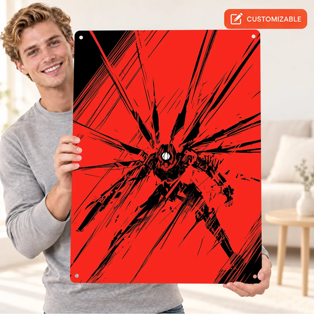 Red And Black Robot Aluminum Poster Customized Metal Sign Vector Illustration Wall Art For Reading Corner Animation Lover Gift