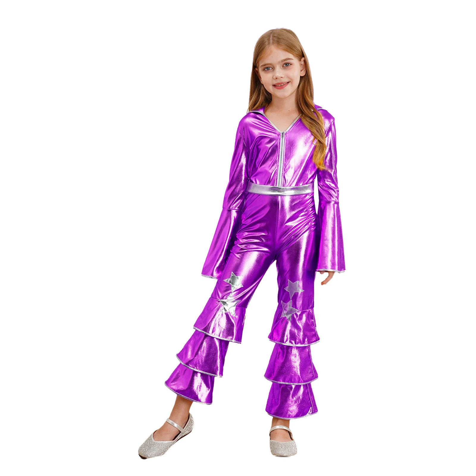 Children Carnival Bodysuit Girls Hippie Costume Vintage 60s 70s Disco Jumpsuit Stage Performance Shiny Singer Hippies Costumes - Image 3