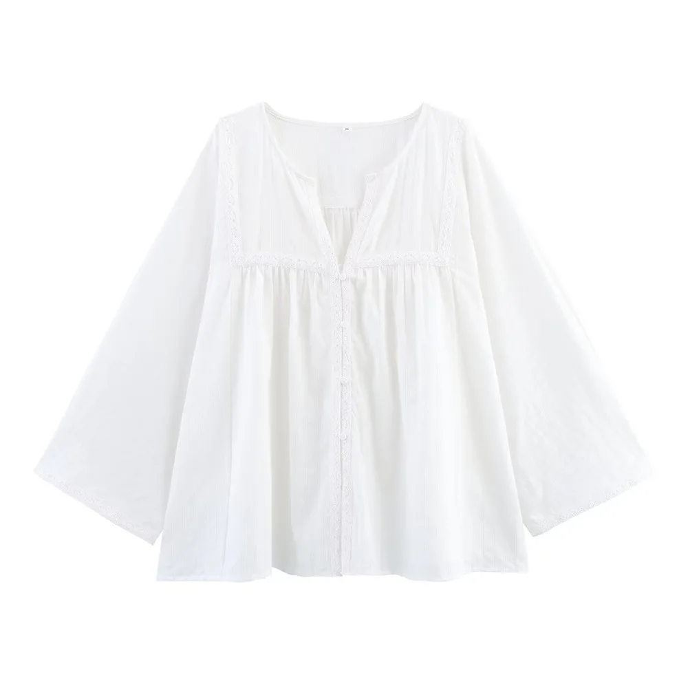 

Women's Loose Fit Versatile Vertical White Embroidered Decorative Long Sleeve Shirt