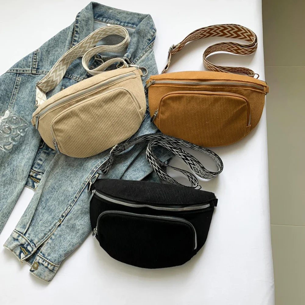 

Corduroy Chest Bag Stylish Crossbody Bag Fashion Fanny Pack Wide Guitar Strap Casual Waist Bag Multi-pockets Sports Sling Bag