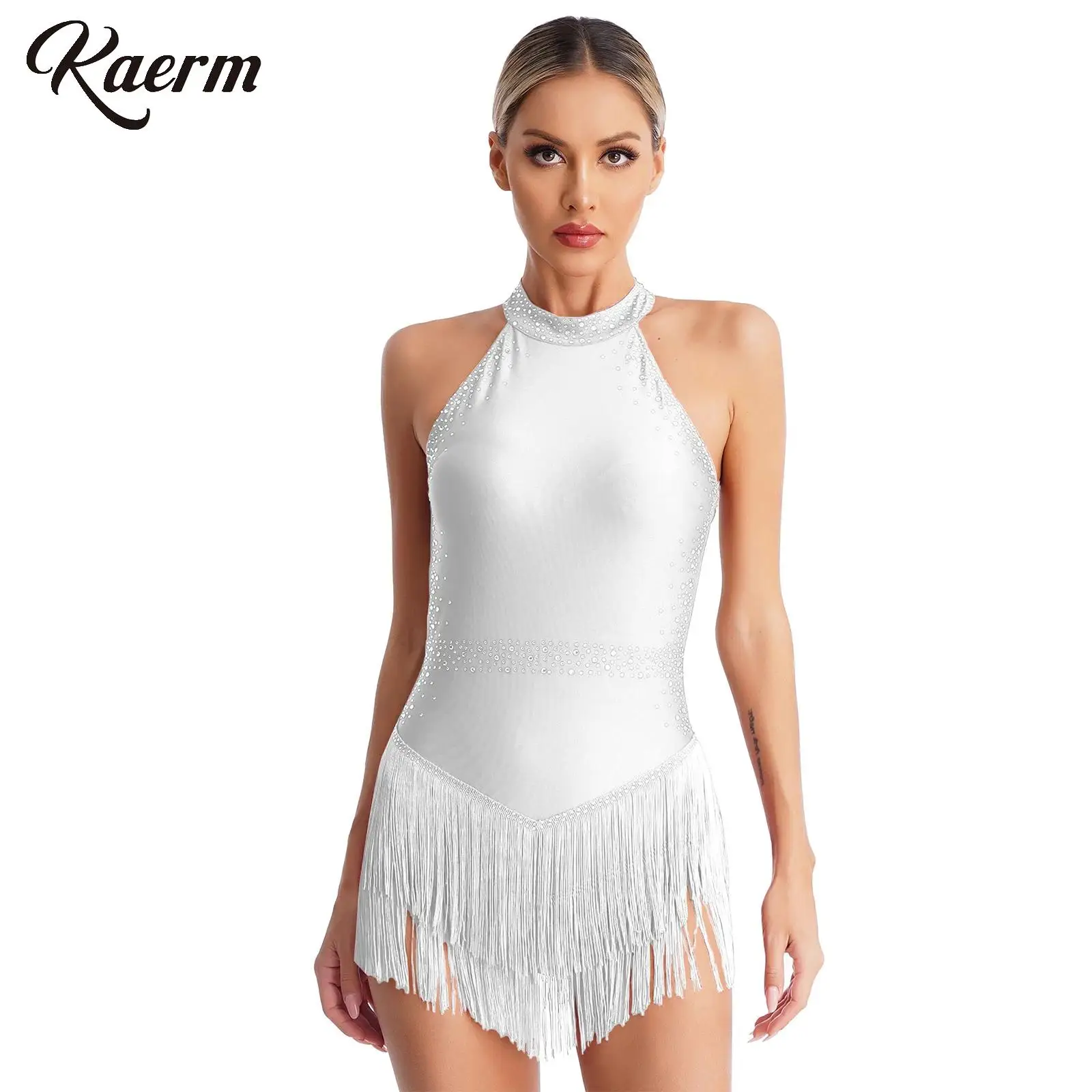 

Women Latin Samba Dance Tassel Leotard Shiny Rhinestones Jumpsuits Halter Sleeveless Backless Bodysuit Ballroom Dance Costume