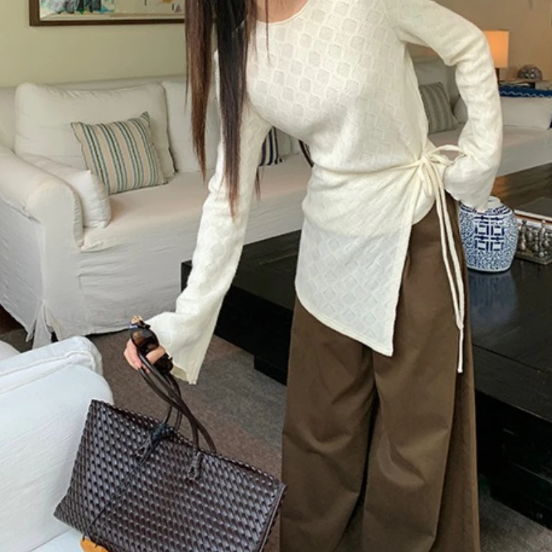 

2025 Autumn Temperament High-end Hollow Light Thin Long Sleeve Knit Sweater Lace-up Skirt Curtain Set