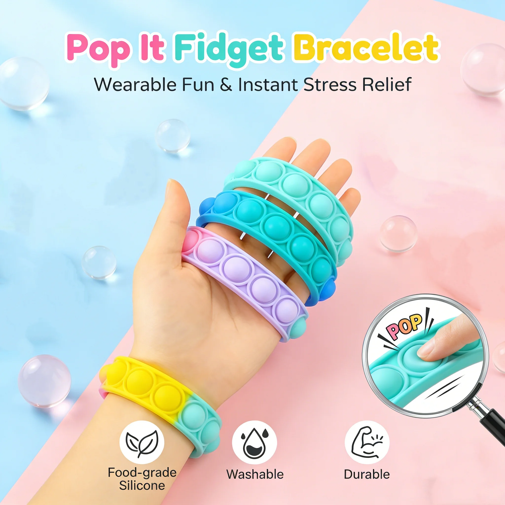 6pcs Colorful Silicone Bracelet Fidget Toys Pops Bubble Simple Dimple Anxiety Sensory Autism Adult Anti Stress Relief Game Gifts