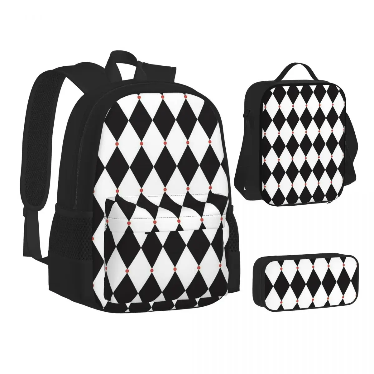 Harlequin Plaid Playing Cards Backpacks Students Bookbag School Bags Kids Rucksack Lunch Bag Pen Bag Three-Piece Set
