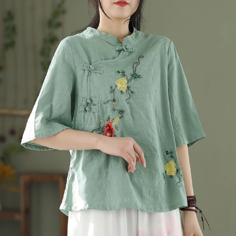 Women Chinese Ethnic Style Vintage Shirts Stand Collar Embroidery Cotton Linen Blouses Solid Half Sleeve Loose Tops Ropa Mujer