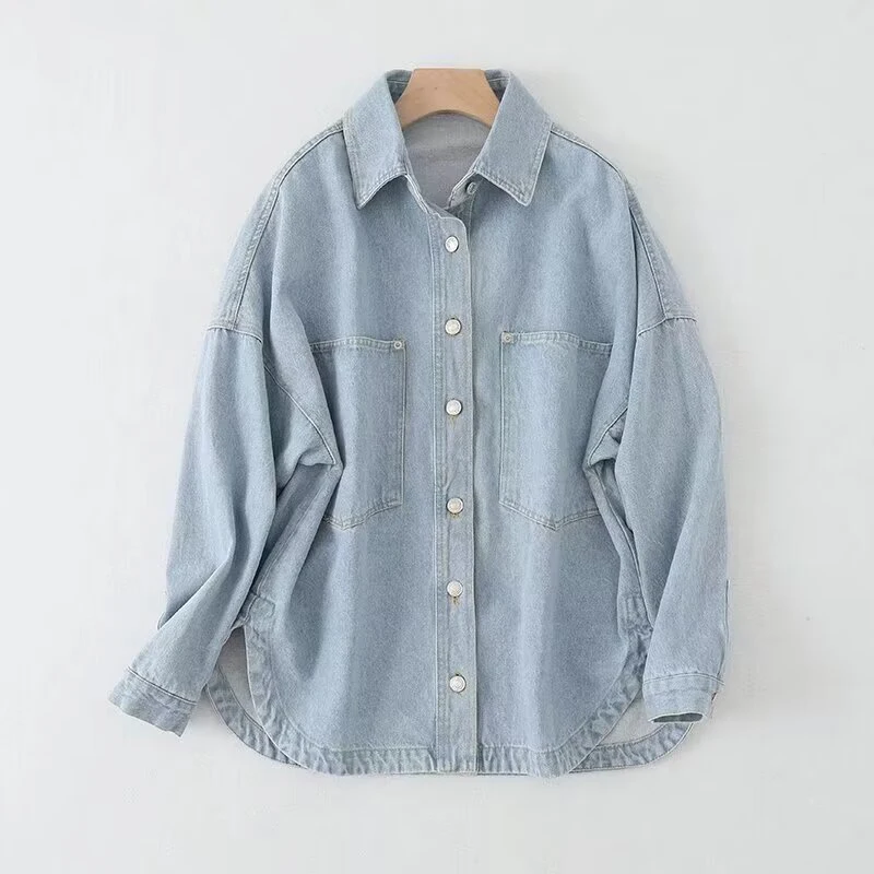 Willshela Women Fashion With Pockets Denim Solid Single Breasted Blouse Vintage Lapel Neck Long Sleeves Female Chic Lady Shirts